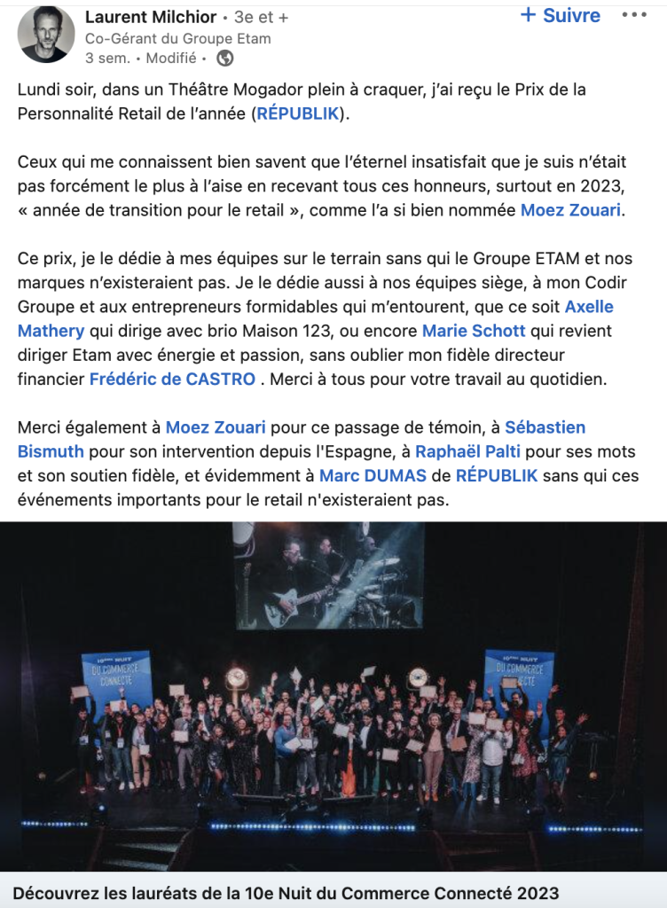 Laurent Milchior, gérant du Groupe Etam élu personnalité Retail de l'année 2023